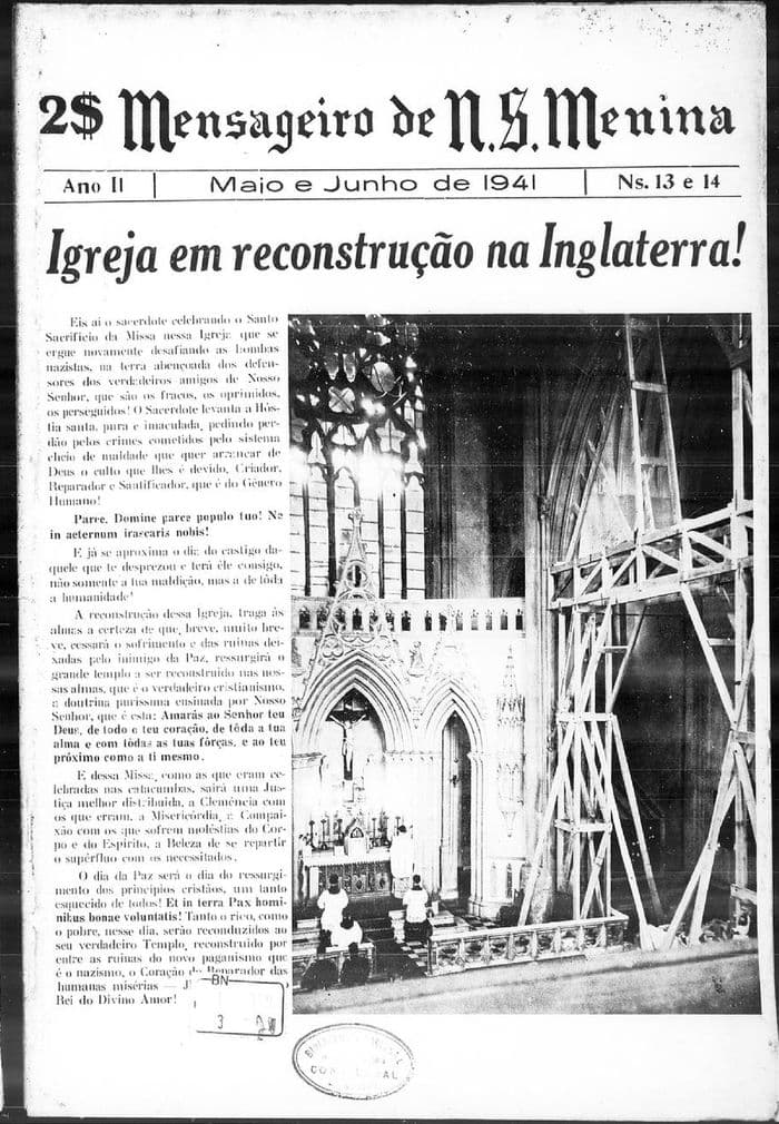 Capa da revista Mensageiro de Nossa Senhora Menina, Nºs 13 e 14, Maio e Junho de 1941