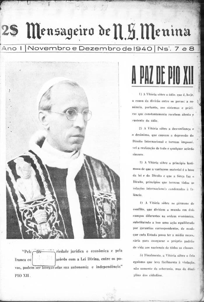 Capa da revista Mensageiro de Nossa Senhora Menina, Nºs 7 e 8, Novembro e Dezembro de 1940